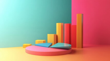 Poster - a vibrant 3d illustration featuring colorful bar and pie charts against a bright, contrasting backgr