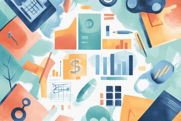 Poster - a colorful, abstract illustration featuring financial icons, graphs, and charts, symbolizing data an