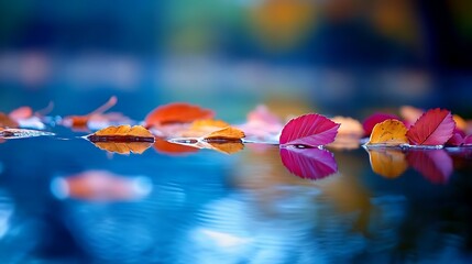 Canvas Print - Colorful autumn leaves floating on calm water, reflecting vibrant hues.