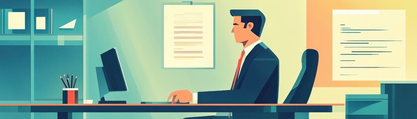 Poster - a professional man in a suit works diligently at his desk, focused on a computer in a modern office 