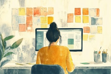 Poster - a person works at a desk in front of a computer, surrounded by colorful wall art and office supplies
