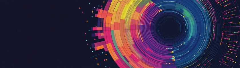 Poster - a vibrant abstract design featuring colorful circular patterns and lines on a dark background, evoki