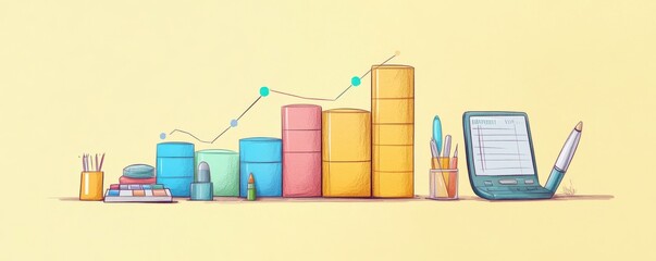 Poster - a colorful illustration of bar graphs and data analysis tools, representing growth and productivity 