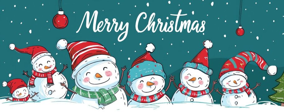 Set of Christmas cards with cute cartoon snowmen in red and white striped hats isolated on a blue background