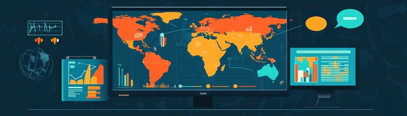 Poster - a digital world map displaying data visualizations, highlighting regions with graphs and statistics 