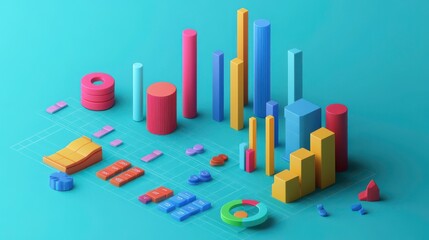 Poster - a vibrant 3d representation of colorful charts and graphs on a teal background, showcasing data visu