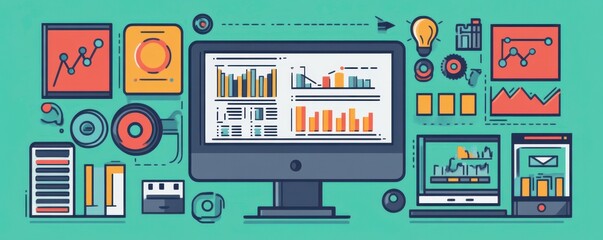 Poster - A digital workspace featuring graphs, charts, and icons, illustrating data analysis, productivity, and technology.