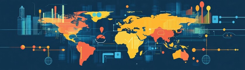 Poster - a colorful world map with digital elements representing global connectivity, technology, and data vi