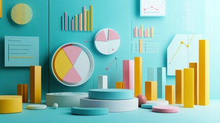 Poster - a colorful 3d representation of graphs and charts, showcasing data visualization elements against a 