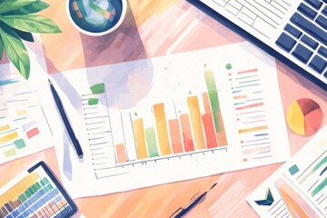 Poster - a colorful workspace featuring charts, graphs, a laptop, and a globe, ideal for data analysis and bu