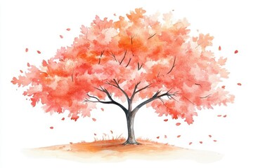 Wall Mural - A vibrant watercolor illustration of a pink autumn tree, with falling leaves capturing the essence of nature's beauty during the fall season.