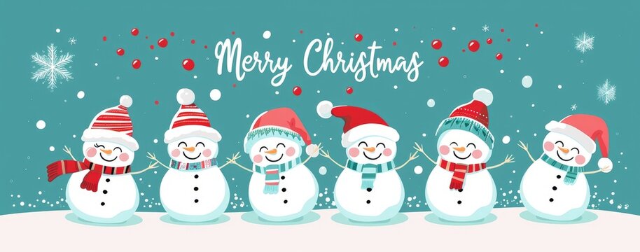 Set of Christmas cards with cute cartoon snowmen in red and white striped hats isolated on a blue background