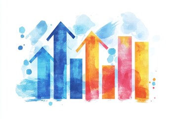 Poster - A colorful watercolor illustration depicting upward trends with arrows and bar graphs, symbolizing growth and progress.