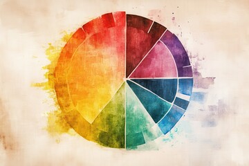 Poster - a colorful pie chart with vibrant sections, blended in watercolor style, visually representing data 
