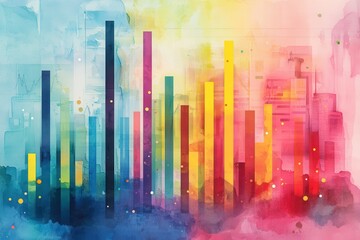 Poster - a vibrant, abstract representation of data visualization with colorful bars against a soft watercolo