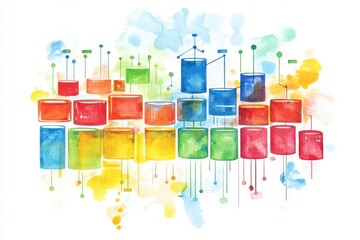 Poster - a vibrant watercolor illustration depicting a series of colorful bar charts, reflecting data visuali