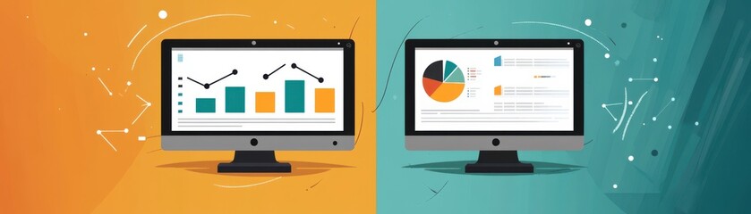 Poster - the image features two computer screens displaying contrasting data visualizations: bar charts and p