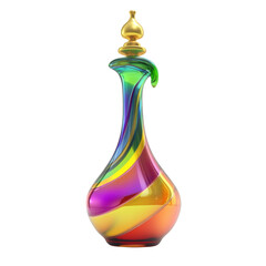 Poster - A decorative glass bottle with a rainbow iridescent design and a gold top is shown against a black background.
