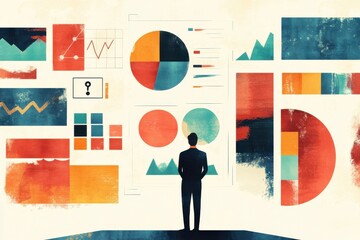 Poster - a person stands before a colorful display of graphs and charts, symbolizing data analysis, insights,