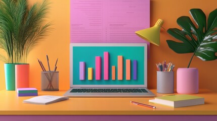 Poster - a vibrant workspace featuring a laptop displaying colorful charts, surrounded by stationery, plants,