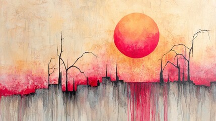 Poster - Abstract representation of dusk with vibrant sun, barren trees, and industrial silhouettes in warm colors