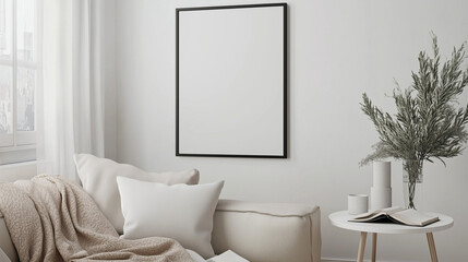 Aufkleber - Minimalist living room interior with beige couch and cushions, light wood flooring, white walls, and natural light. Features black-framed blank artwork, potted plant, and cozy accents like an open boo
