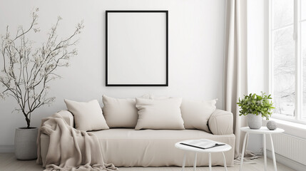 Fototapete - Minimalist living room interior with beige couch and cushions, light wood flooring, white walls, and natural light. Features black-framed blank artwork, potted plant, and cozy accents like an open boo