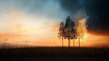 Poster - Surreal Landscape with Trees and Dramatic Sky at Sunset with Abstract Elements and Gentle Breeze Over Field