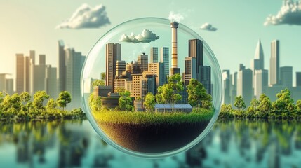 Wall Mural - A futuristic cityscape encased in a glass bubble, showcasing green spaces, buildings, and water, symbolizing harmony between nature and urban life.