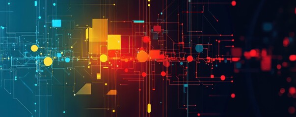 Poster - a vibrant digital abstract design featuring geometric shapes, glowing lines, and a blend of colors, 