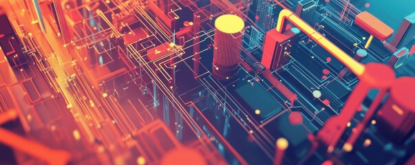 Poster - A vibrant digital landscape featuring interconnected circuits and structures in orange, blue, and red hues, representing a futuristic technology environment.