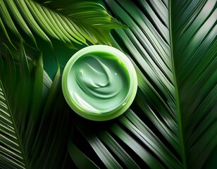 A green skincare jar surrounded by tropical leaves