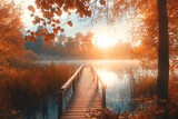 Wooden bridge in the autumn forest on a foggy day.