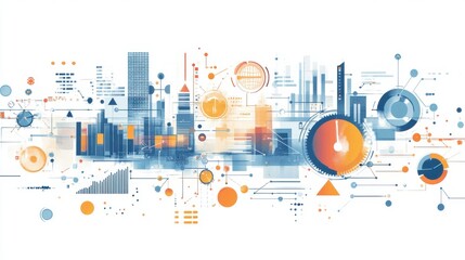 Poster - a vibrant, abstract city skyline illustration featuring data visualizations, charts, and geometric s