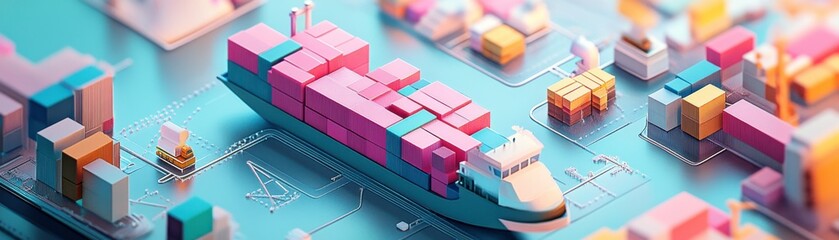 Poster - A colorful cargo ship is depicted on a digital map, showcasing containers in vibrant hues, emphasizing logistics and maritime trade.