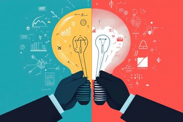 Poster - a vibrant illustration showing two hands holding light bulbs, symbolizing the clash of ideas and inn