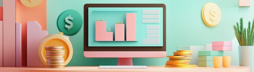 Poster - a modern workspace featuring a computer displaying financial graphs, surrounded by coins and decorat