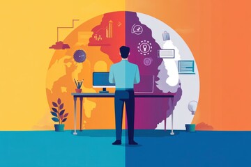Poster - a person stands at a desk, facing a split world graphic symbolizing technology, communication, and g