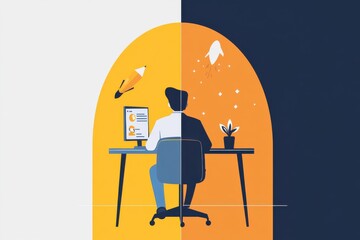 Poster - a person sits at a desk in front of a computer, surrounded by a split background of light and dark, 