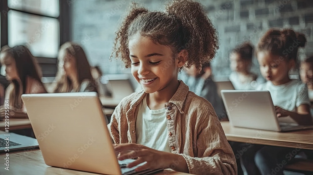 Students using tablets and laptops in a classroom setting, engaging ...
