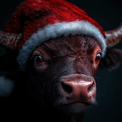 Wall Mural - Santa Hat Bison Celebrating Christmas with Wildlife Background