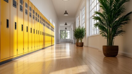 Poster - Bright and Modern School Corridor with Yellow Lockers and Green Plants in Spacious Environment