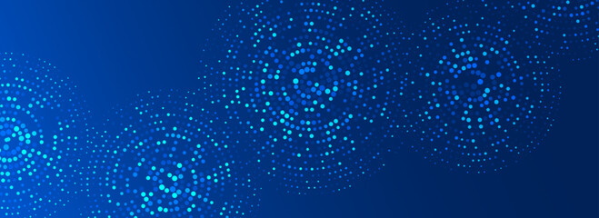 Poster - Digital technology pattern background. Glowing blue dotted circle wallpaper. Abstract dot round grid backdrop for business, science, healthcare, medicine, finance design. Vector navy texture surface