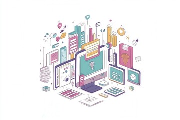 Poster - A colorful digital illustration featuring various devices, screens, and data elements, symbolizing technology and information flow.