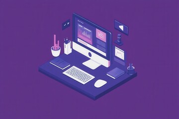 Poster - a digital workspace featuring a computer, keyboard, and various desk items, all set against a vibran