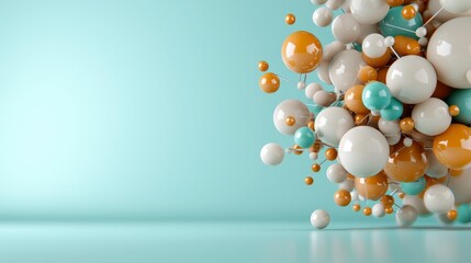 Poster - Colorful abstract 3D composition of spheres and molecules on a blue background with soft shadows