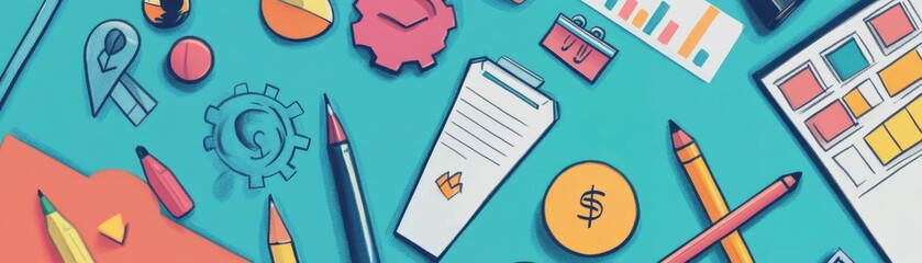 Poster - a vibrant flat lay of office supplies, including pens, coins, and charts, arranged on a teal backgro
