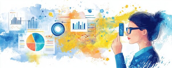 Poster - a woman in glasses analyzes data on her phone against a colorful backdrop of charts and graphs, symb
