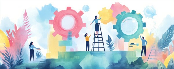 Poster - A vibrant illustration depicting people collaborating around large gears, symbolizing teamwork and innovation in a colorful, abstract environment.