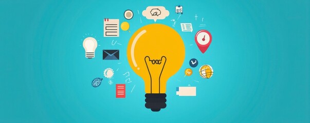 Poster - a bright yellow light bulb surrounded by various icons representing ideas, communication, and techno